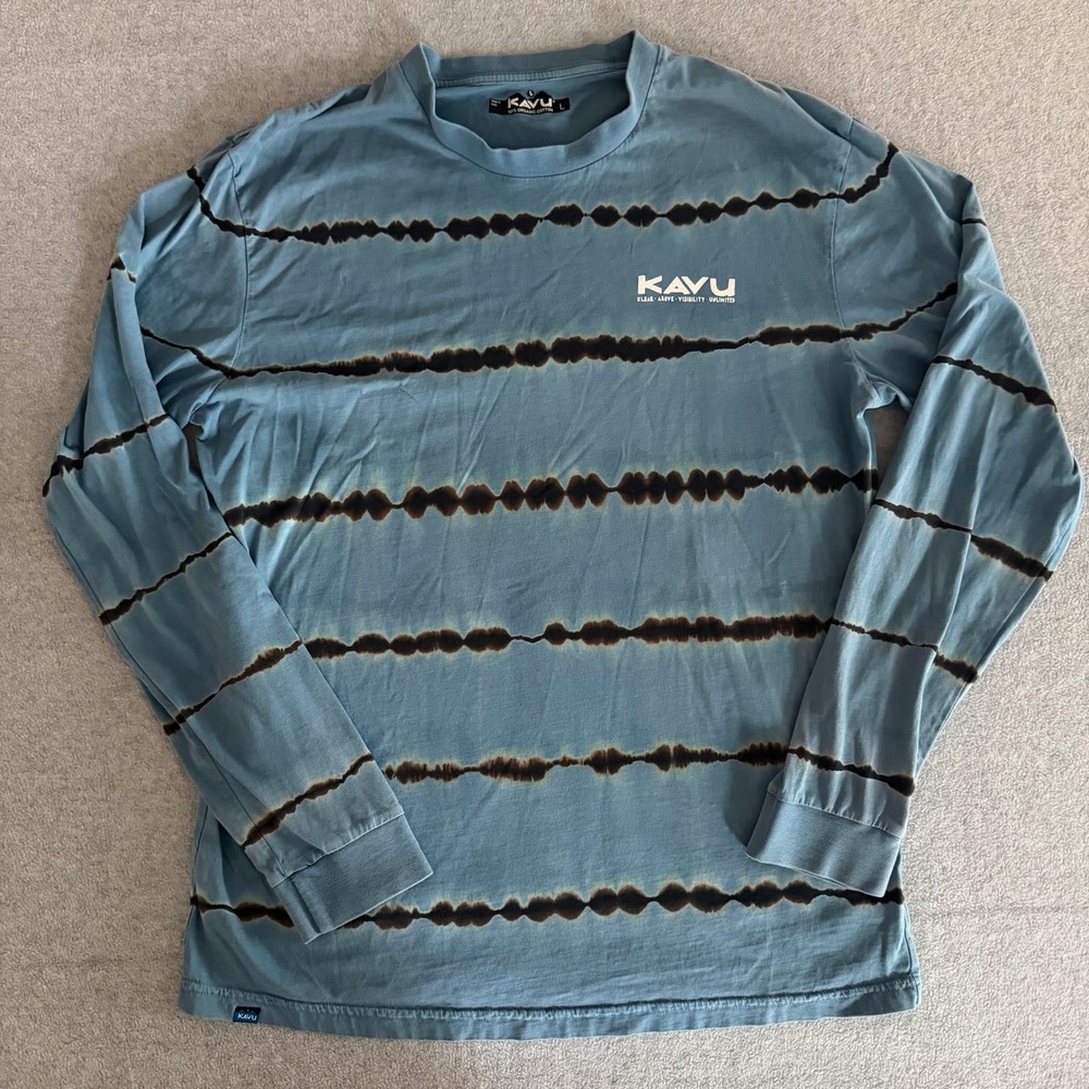 Kavu Mens Long Sleeve Organic Cotton Tie Dye Stripe Logo Graphic Tee Blue L